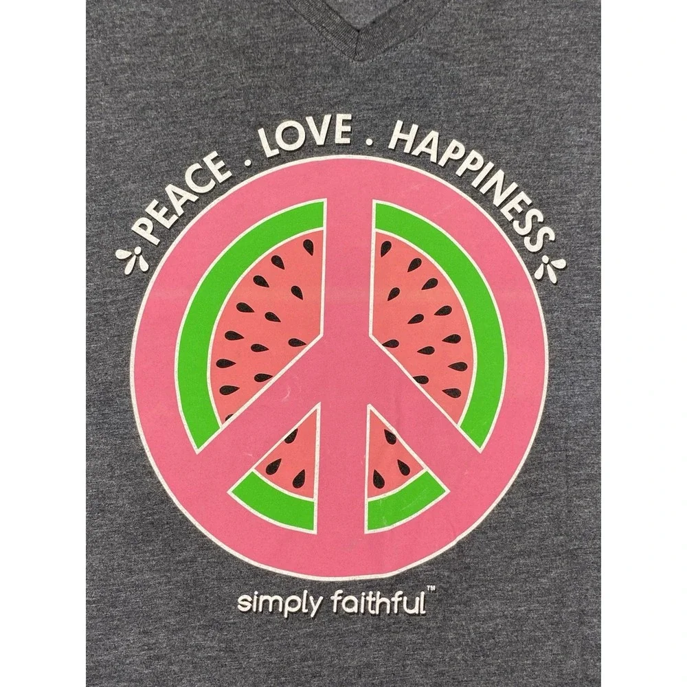 Simply Faithful "Peace Love Happiness" Watermelon Peace Symbol V Neck T Shirt L - Picture 5 of 8